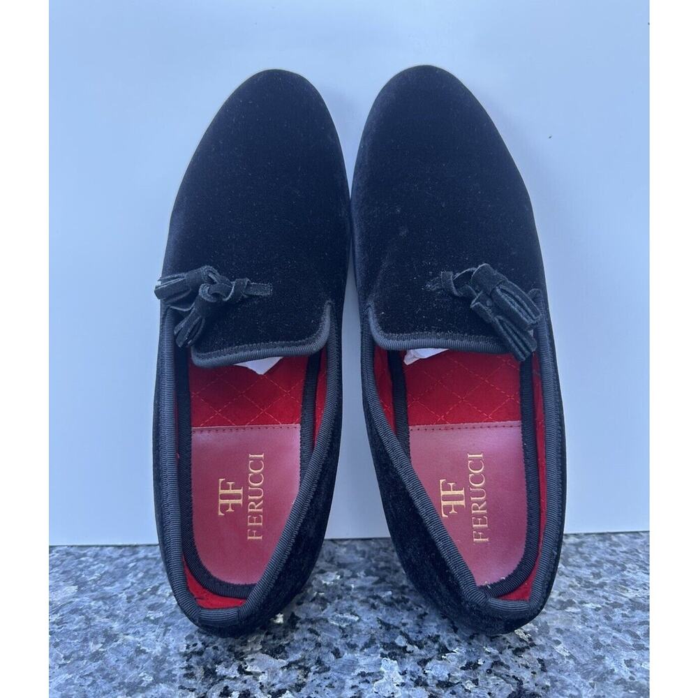 FERUCCI Men Plain Black Velvet Slippers loafers with Tassel wedding prom Size 9